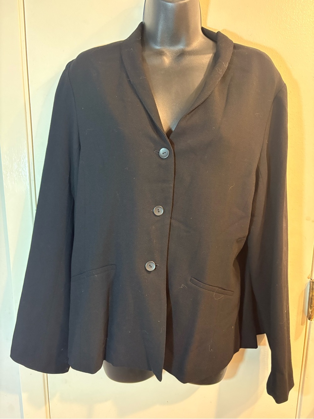 Eileen Fisher Blazer Size Large Black Merino Wool 3 Button